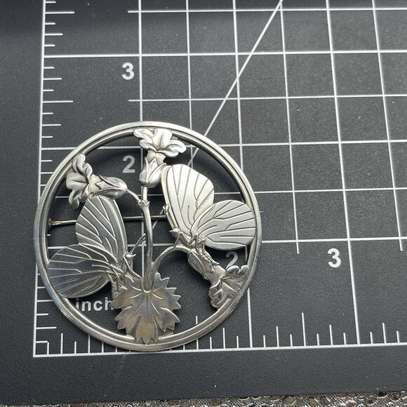 Georg Jensen Denmark Sterling Silver Butterfly Flower Large Circle Brooch #283 - Picture 6 of 7